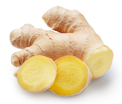 Ginger root with ginger slices isolated on a white background