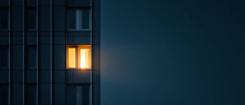 Illuminated window in dark building facade