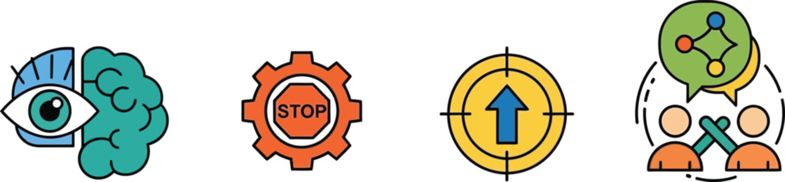 Business Strategy Icons: Insight, Stop, Goal, Collaboration