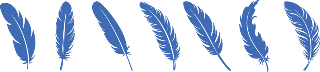 Obraz premium Blue Feather Silhouette Collection Vector, Hand Drawn Nature Feather Icons PNG Transparent Background