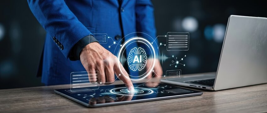 Innovative ai technology presentation modern office digital interaction urban environment close-up viewpoint future concepts in business