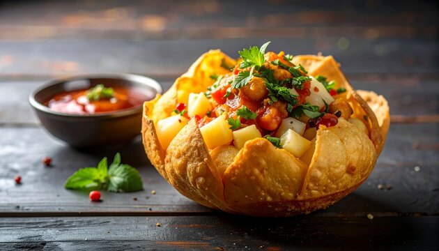Indian street food chaat in crispy edible bowl with dip snack food photography dark background snack time appetizer delicious refreshing chickpeas tomatoes