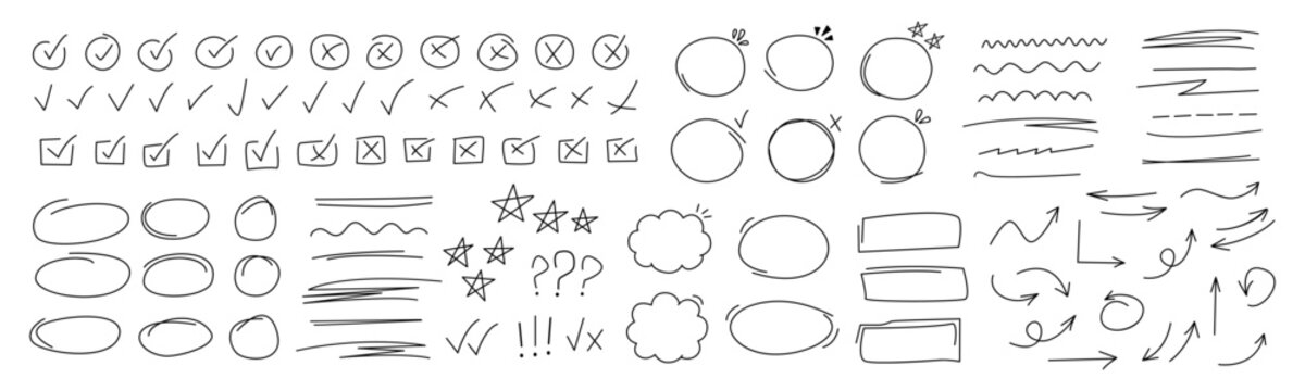 Check mark doodle icons isolated on white background. Vector illustration.