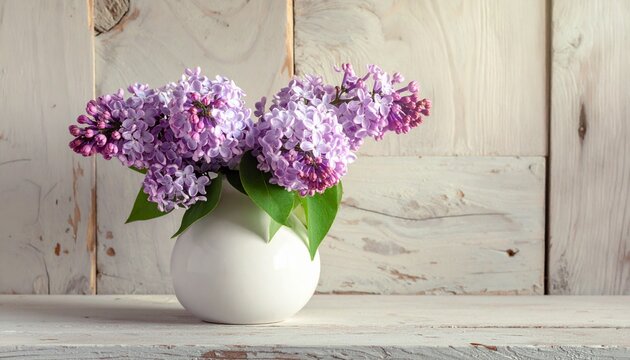 A cluster of purple lilac flowers in a simple white vase against a white wooden wall with flower arrangement cut flower home decor still life fragrant botanical
