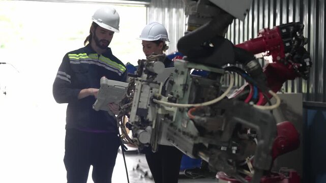 Engineers collaborate on industrial robot arm maintenance and programming