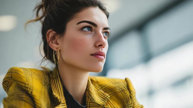 A fashionable businesswoman with bold eyebrows and hoop earrings sits indoors, exuding confidence and ambition. The contemporary workspace background adds a dynamic, urban atmosphere to the portrait