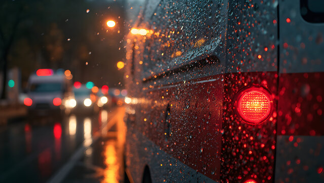 Raindrops on ambulance window. Blurred city lights reflections. Urban nighttime scenes. Emergency vehicle imagery.