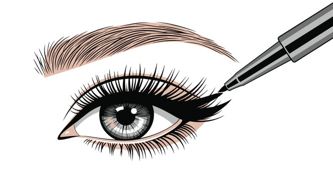 Close up illustration of applying black liquid eyeliner to female eye with long lashes and shaped eyebrows for beauty guide.