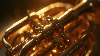 Obraz premium Reflected light in brass instruments. How light bounces off brass surfaces. The physics of light reflection on instruments. Understanding brass instrument acoustics and visuals.