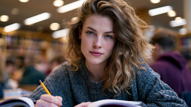Young woman scribbling angry notes in the margins of a bestselling diet book at a crowded library table, fluorescent lights humming above, perfect for diet culture criticism, body autonomy, and cont