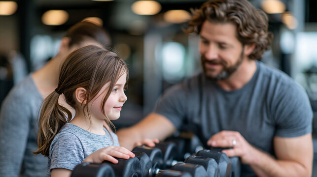 A father introduces his daughter to a gym for the first time on a quiet Sunday morning, both standing before a dumbbell rack, his hand on her shoulder, warm low light, a before-the-journey stillness