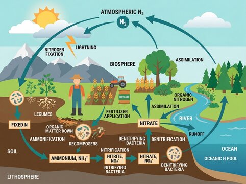 Nitrogen Cycle Diagram Illustrating Atmospheric, Soil, and Aquatic Processes