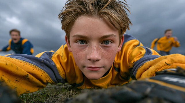 A teenage soccer goalkeeper dives full-extension across muddy grass under stormy grey skies, youth coach sprinting alongside the touchline shouting encouragement, dramatic overcast light, perfect fo