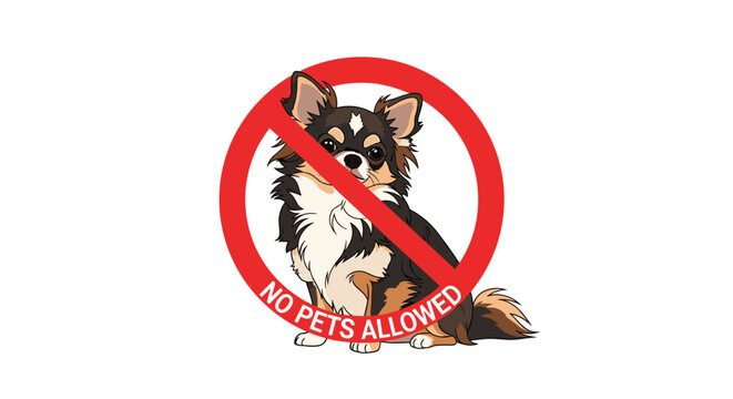 Long-haired chihuahua dog placed behind a red circular prohibition sign with text stating that no pets are allowed in this specific area.