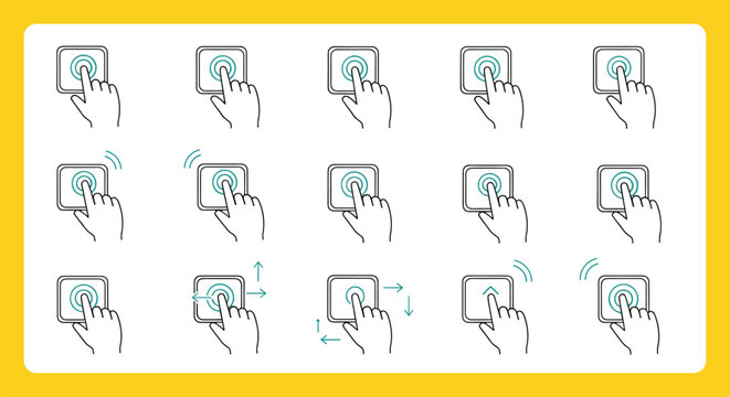 Comprehensive set of hand gestures interacting with square buttons showing various touch screen movements like clicking and swiping icons.