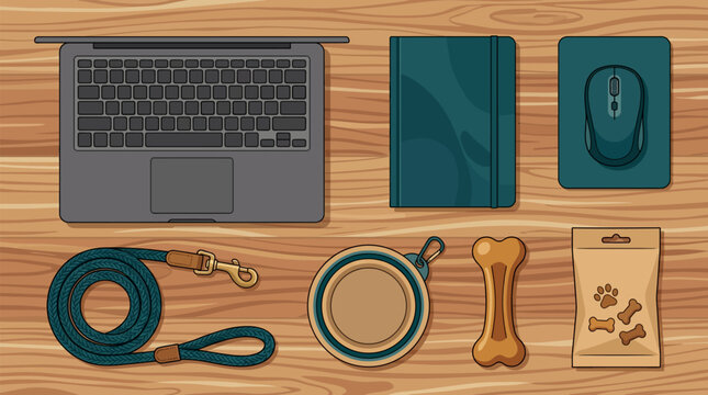 A flat lay of a laptop, notebook, computer mouse, dog leash, collapsible pet bowl, bone-shaped dog treat, and a bag of dog treats on a wooden surface.