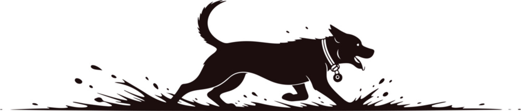 Dog running through water splashing playful energetic animal motion wet dog vector graphic.