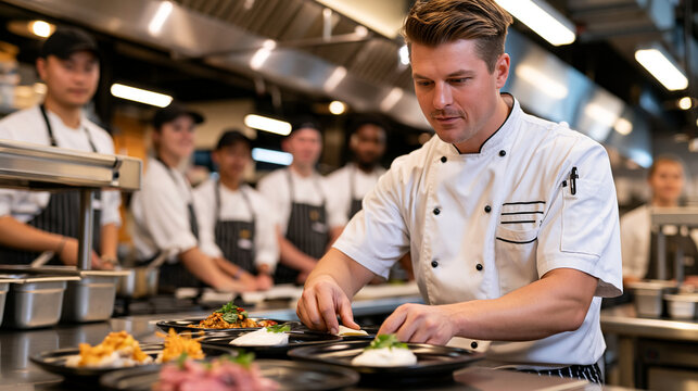 Industrial kitchen with a chef demonstrating measured portioning to a group of culinary students, steel counters gleaming under harsh overhead lights, ideal for portion control, professional nutriti