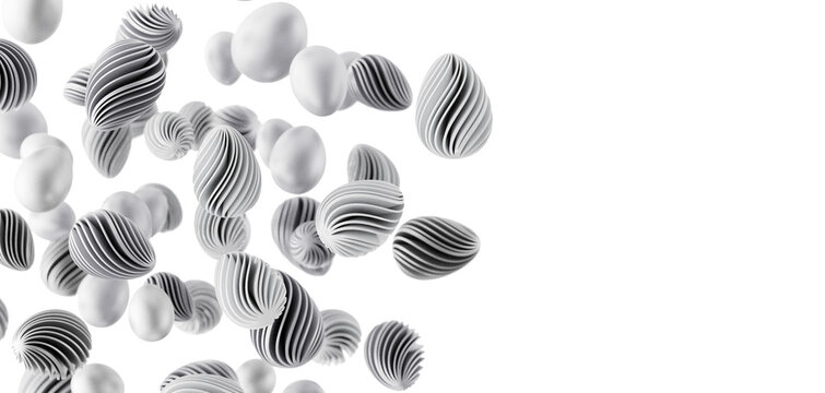 Unique artistic image features a collection of abstract, egg-shaped forms with textured surfaces, against a clean white