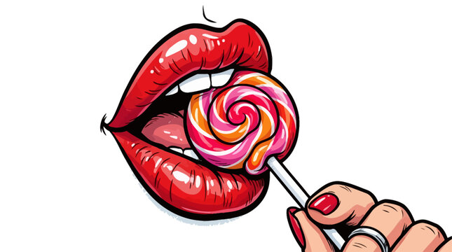 Close-up of vibrant red lips playfully holding a swirl lollipop, creating a sweet and seductive visual