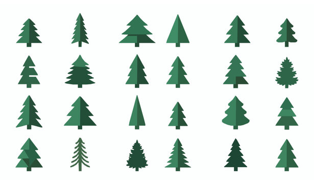 Minimal pine and fir tree icon set with simple geometric Christmas tree silhouettes in flat modern vector style