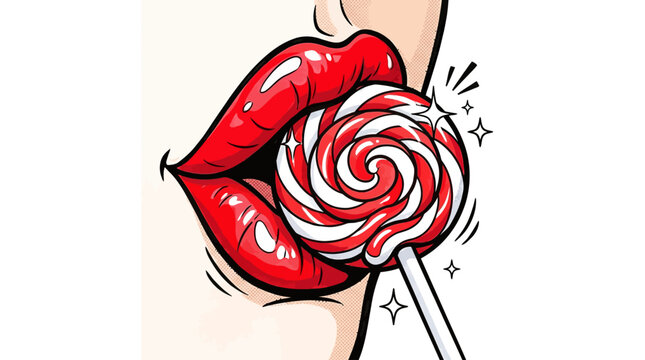 A close-up illustration of a person&rsquo;s red lips, sensually enjoying a red and white swirled lollipop, depicted in vibrant vector art style with sparkling highlights
