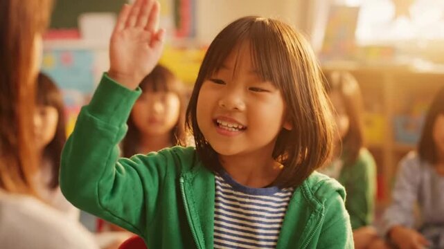 Young asian girl raising her hand in a classroom setting