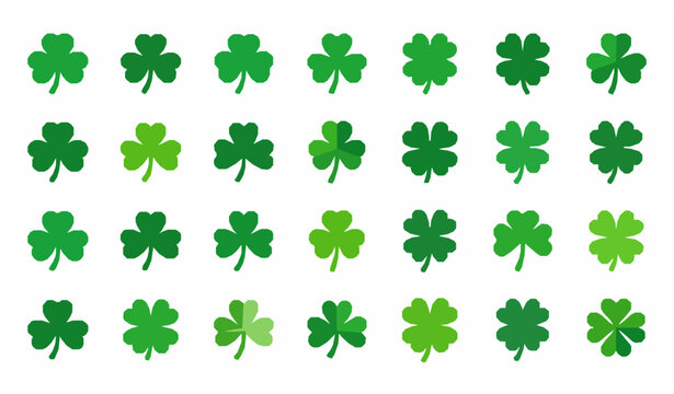 Flat shamrock and four leaf clover icon set with green Irish luck symbols in simple modern vector illustration