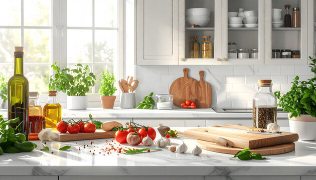 Kitchen counter with fresh cooking ingredients rustic culinary preparation food lifestyle scene