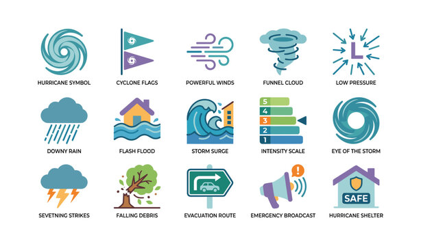 Hurricane and severe weather icons arranged in grid