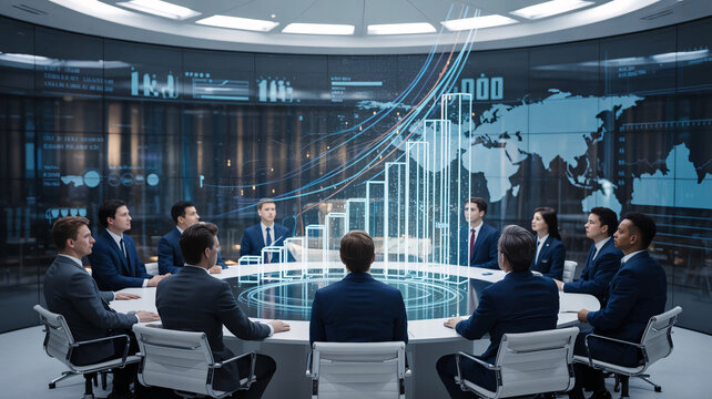 Business executives gather around a circular conference table to analyze a holographic bar chart during a corporate strategic meeting in a modern boardroom.