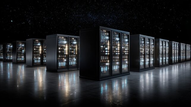 Rows of illuminated server racks within a dark, modern data center, showcasing technological infrastructure and digital data storage capabilities.
