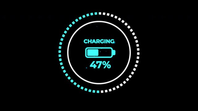 blue circle digital battery charging indicator dashboard vehicle display animation form 0 to 100% charger, EV station. 4K Video
