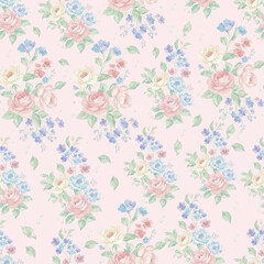 Fototapeta premium Romantic pastel flower pattern seamless, shabby chic roses and blue blossoms vintage botanical textile design-pink