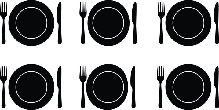 Black Table Setting Pattern with Plates, Forks, and Knives for Dining, Restaurant, and Kitchen Design Illustrations