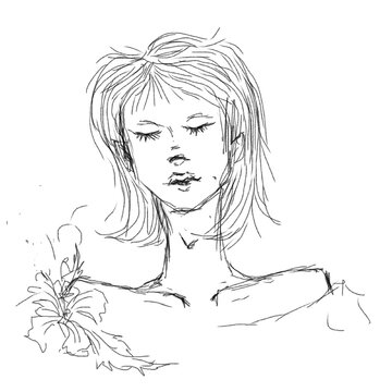 Elegant sketch of a girl with short messy hair and flower detail, soft minimal anime-style portrait art.