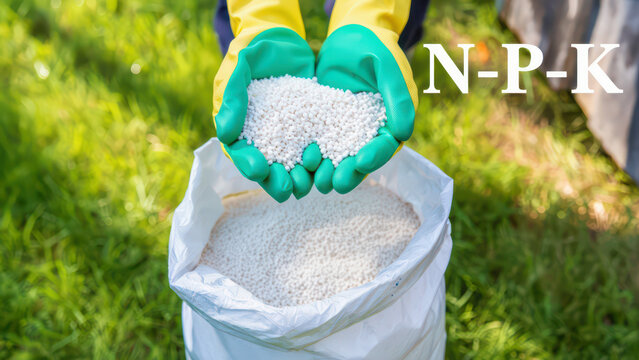 Farmer hands in gloves holding white mineral NPK fertilizer over open bag, agriculture crop care plant nutrition, farming practices soil nutrient management, sustainable food production background