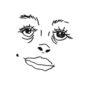 Minimal facial line art with expressive eyes and lips, abstract black and white portrait sketch illustration.