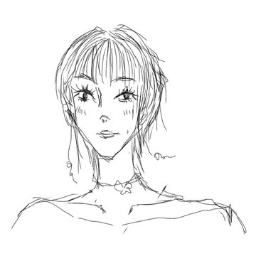 Cute line sketch of a girl with short layered hair and soft gaze, minimal black and white anime-style portrait.