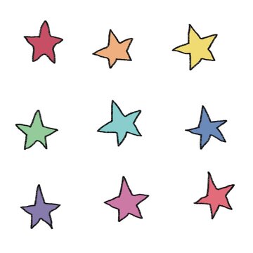 Set colorful star doodles with cute minimal shapes, playful hand-drawn illustration set on white background.