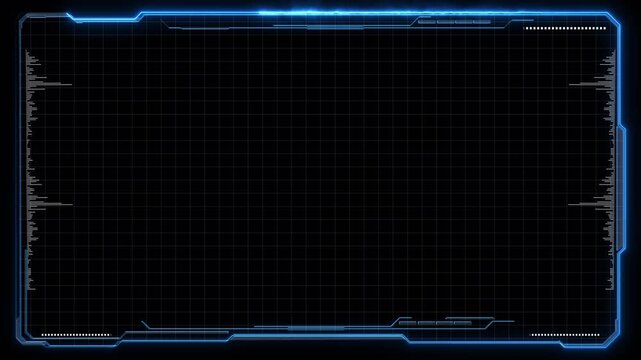 Blue futuristic HUD frame border, grid center, digital markings, and dark interface space. technology , cyber security visuals, AI dashboards, sci fi software promos, gaming overlays, UI templates.