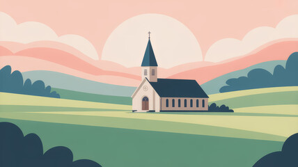 Naklejka premium Flat of a church with a steeple in a peaceful rural landscape under a soft pastel pink and blue sunset sky