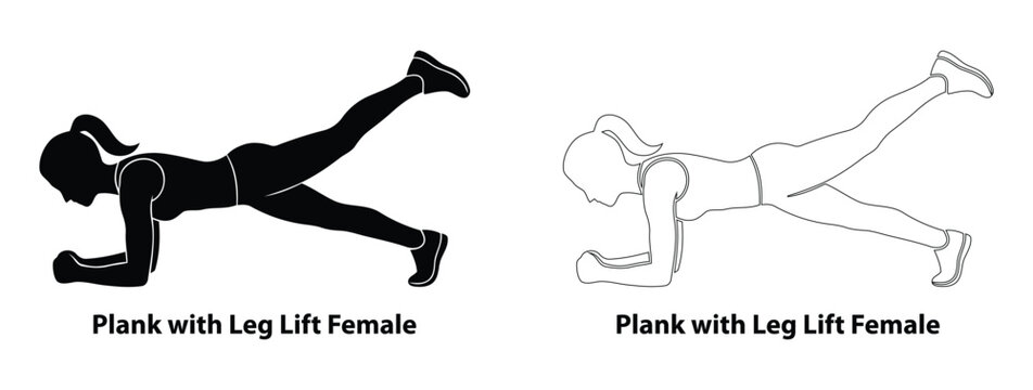 Female plank with leg lift exercise illustration featuring a black silhouette and line art outline for fitness, core workout and healthy lifestyle