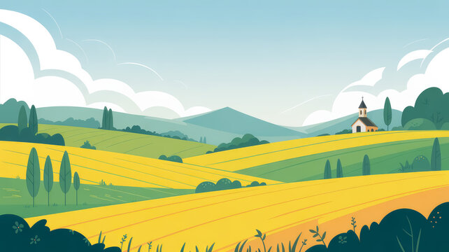 Flat of a rural landscape with yellow wheat fields, rolling green hills, a small church, and a blue sky with white clouds