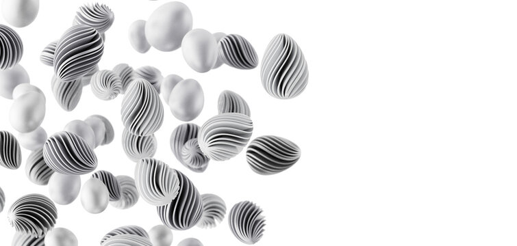 Abstract 3D rendering of floating, egg-shaped objects with a textured surface against a clean white backdrop, evoking a