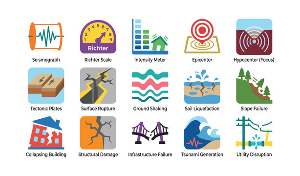 Earthquake and seismic hazard icons displayed in grid layout