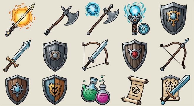 Fantasy RPG game icons set, medieval weapon and armor vector illustrations, 15 magic items and equipment for mobile gaming UI design