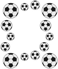 Naklejka premium Soccer ball frame, black-white sports balls of different sizes on isolated white background with space for text, template for sports banner, color vector illustration, flat style