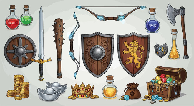 Medieval fantasy game assets collection, 20 RPG weapon and loot icons, cartoon warrior equipment set with sword, shields, and treasure chest