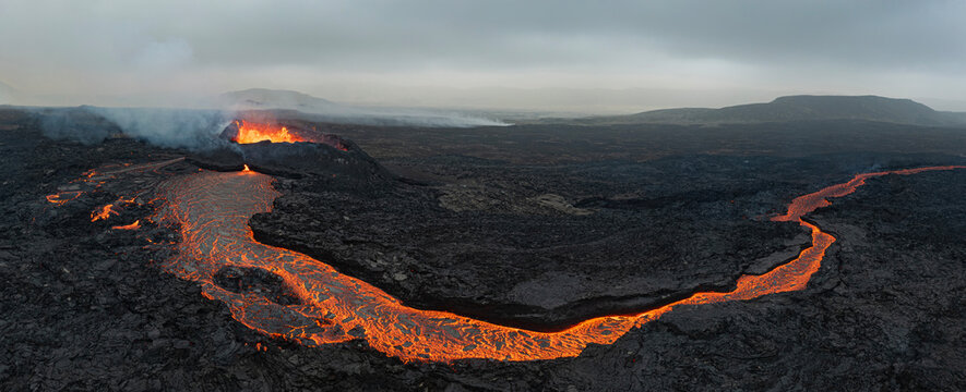 Beautiful aerial panoramatic view of active volcano